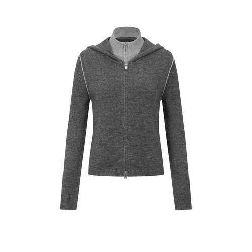 UR&DC2025秋冬新款休闲格雷系双拉链连帽拼接假两件长袖针织衫女