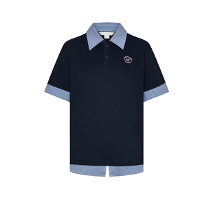 UR&DC2026春季新款设计感休闲学院风格纹拼接假两件短袖T恤女上衣