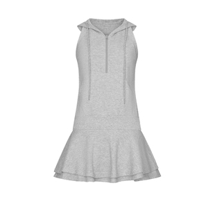 UR&DC2025夏季新款设计感灰色露背连帽抽绳无袖连衣裙拼接双层裙