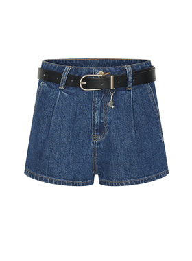 UR&DC2025夏季新款复古水洗腰带装饰牛仔短裤女超短款蓝色直筒裤