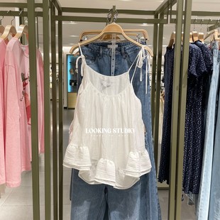 UR&DC2025秋季新款法式休闲挂脖系带褶皱荷叶边吊带衫女白色上衣