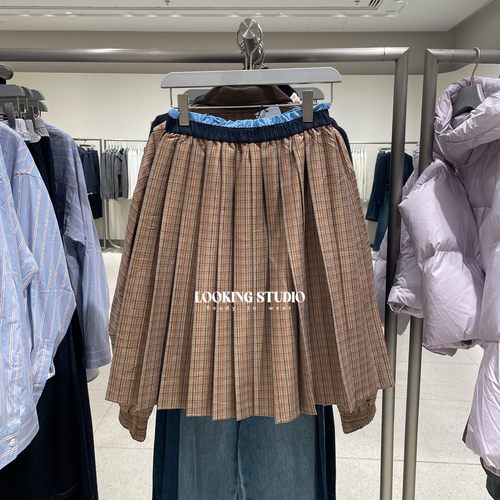 UR&DC2025秋季新款复古百褶裙流光风撞色腰头拼接格纹A字裙半身裙