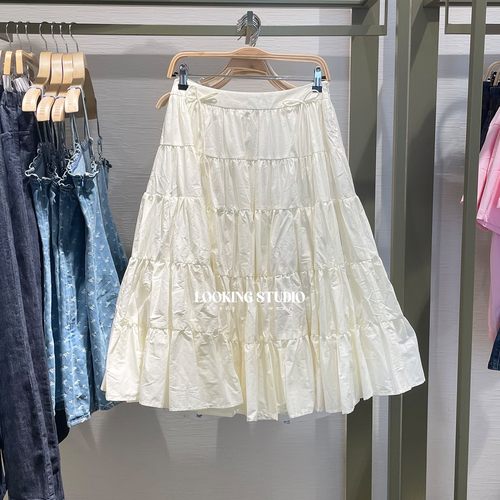 UR&DC2025夏季新款法式百搭时尚减龄蝴蝶结装饰系带A字蛋糕半身裙