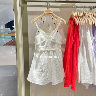 UR&DC2025夏季新款法式设计感木耳边挂脖系带打揽白色吊带连衣裙