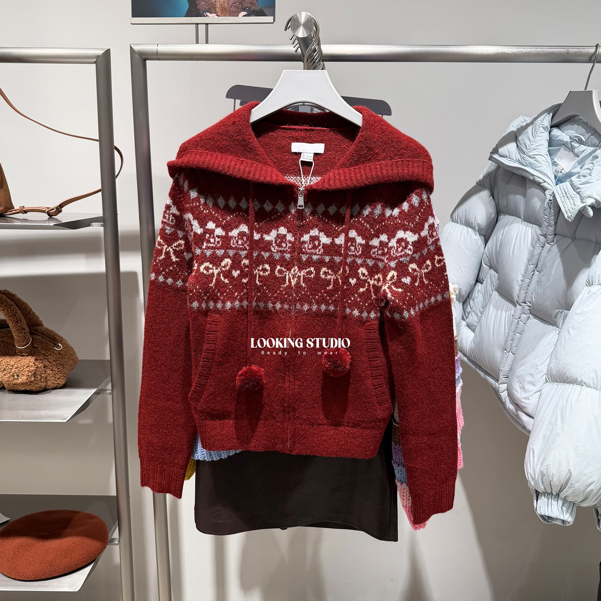 UR&DC2025秋冬新款休闲甜美风蝴蝶结提花连帽抽绳长袖针织开衫女