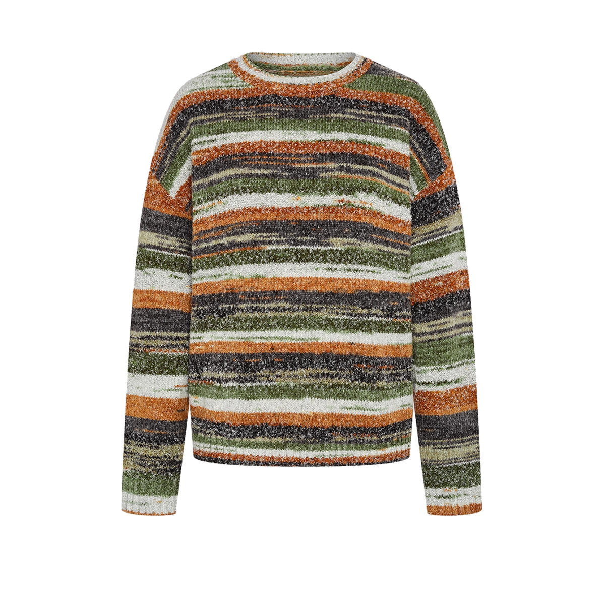 UR&DC2024秋冬新款复古撞色多彩条纹肌理感圆领针织衫女套头毛衣