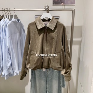 UR&DC2025秋季新款复古琥珀流光风翻领仿麂皮绒超宽松短款外套女