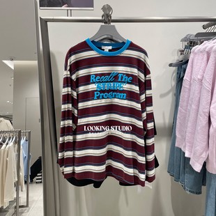 琥珀流光风撞色条纹字母植绒刺绣圆领长袖 T恤女 新款 UR&DC2025秋季