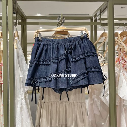 UR&DC2025夏季新款短裙波嬉风复古木耳花边蝴蝶结短款A字牛仔半裙