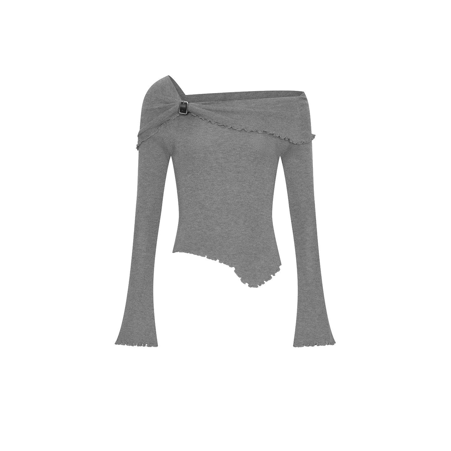 UR&DC2025秋季新款设计感不规则下摆一字领短款长袖针织衫女上衣