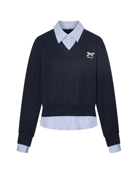 UR&DC2026春季新款休闲都市学院风拼接假两件翻领格纹卫衣女上衣