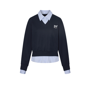 UR&DC2026春季新款休闲都市学院风拼接假两件翻领格纹卫衣女上衣