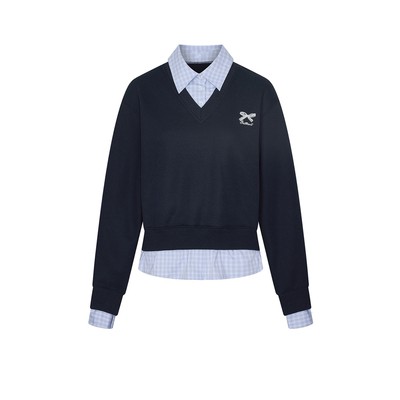 UR&DC2026春季新款休闲都市学院风拼接假两件翻领格纹卫衣女上衣