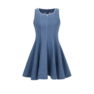 UR&DC2025春季新款高级感气质撞色蕾丝蝴蝶结收腰无袖牛仔连衣裙