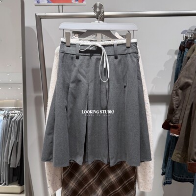 UR&DC2026春季新款休闲学院风百搭撞色拼接腰头抽绳百褶裙半身裙