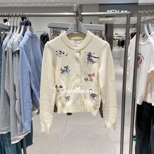 UR&DC2025秋季新款法式甜美童趣小狗图案排扣长袖针织开衫女上衣