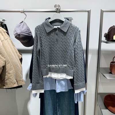 UR&DC2025秋季新款法式学院撞色拼接假两件短款长袖针织衫女上衣