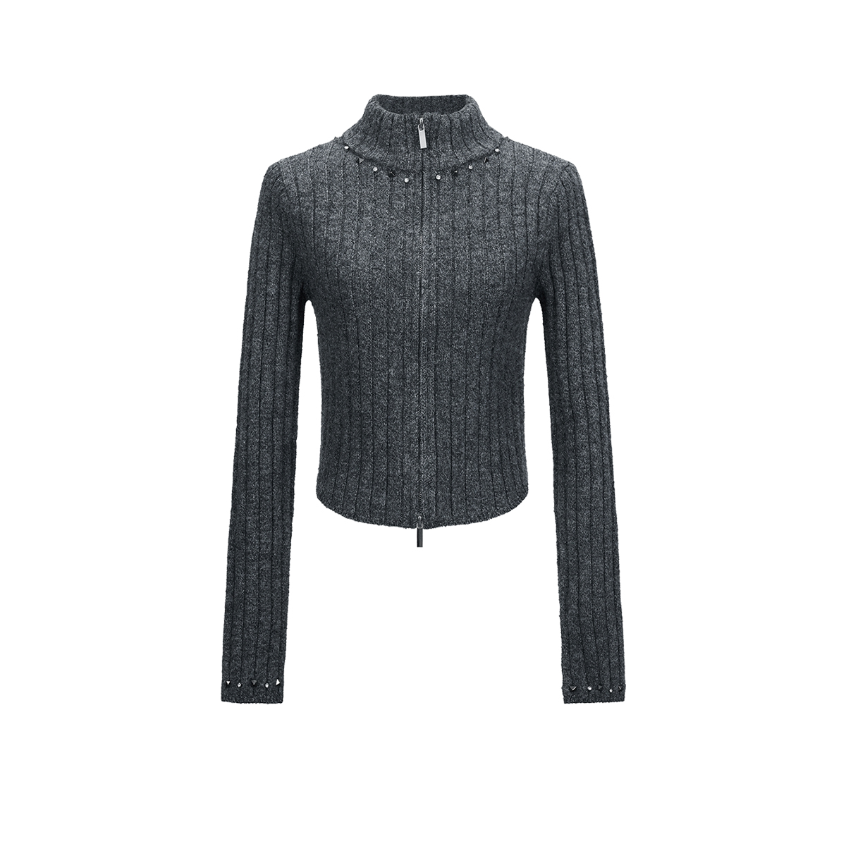 UR&DC2025春季新款格雷系高智感双拉链紧身立领钉珠针织开衫女潮