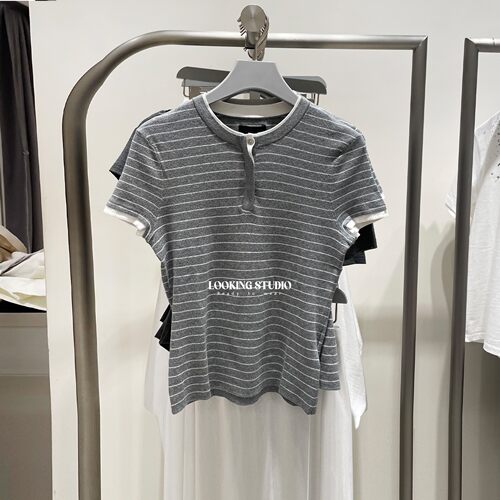 UR&DC2026夏季新款气质温柔修身通勤条纹半开襟短袖针织衫女上衣