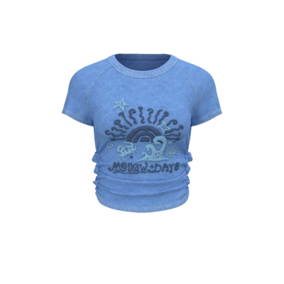 UR&DC2025夏季新款设计感度假风抽褶立体图案短袖T恤女超短款上衣