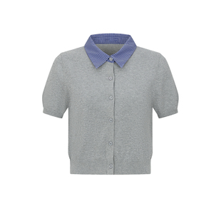 UR&DC2025夏季新款法式撞色格纹拼接假两件短袖针织衫女短款上衣