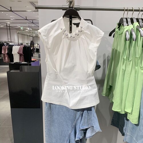UR&DC2026夏季新款法式设计感摩登魅力钉珠饰收腰罩衫衬衫女上衣