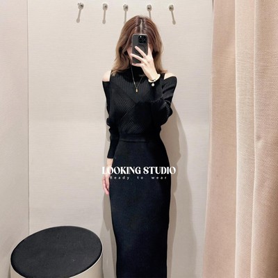 UR&DC2024秋季新款法式气质慵懒设计感拼接镂空露肩针织连衣裙女