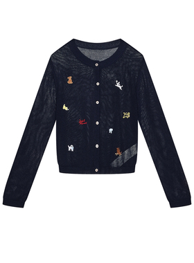 UR&DC2026春季新款都市趣味刺绣圆领薄款长袖针织开衫女短款上衣