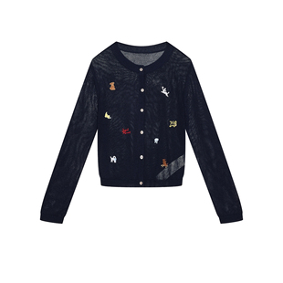 女短款 UR&DC2026春季 上衣 针织开衫 长袖 新款 都市趣味刺绣圆领薄款