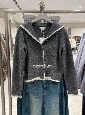 UR&DC2025秋季新款法式甜美风拼接蕾丝蝴蝶结纽扣长袖针织开衫女