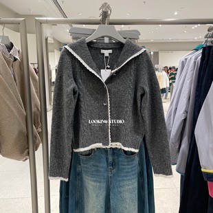 UR&DC2025秋季新款法式甜美风拼接蕾丝蝴蝶结纽扣长袖针织开衫女