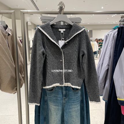 UR&DC2025秋季新款法式甜美风拼接蕾丝蝴蝶结纽扣长袖针织开衫女