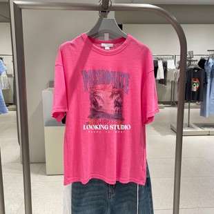 UR&DC2025夏季 T恤女上衣 新款 休闲度假感粉色印花宽松棉质圆领短袖
