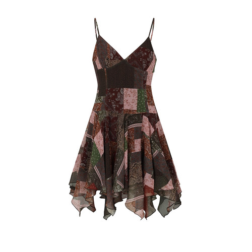 UR&DC2026夏季新款设计感复古拼接不规则拼布花纹印花吊带连衣裙