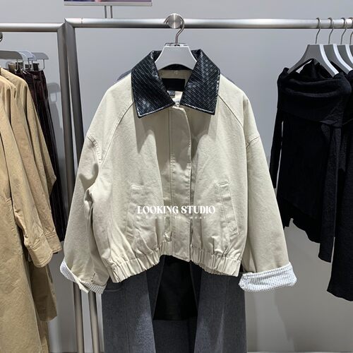 UR&DC2025冬季新款钟楚曦同款超宽松休闲pu皮拼接翻领短款外套女