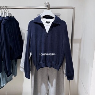 UR&DC2025秋冬新款法式气质撞色假两件翻领短款长袖针织衫女上衣