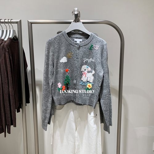 UR&DC2025秋季新款甜美减龄童趣刺绣图案短款长袖针织开衫女上衣