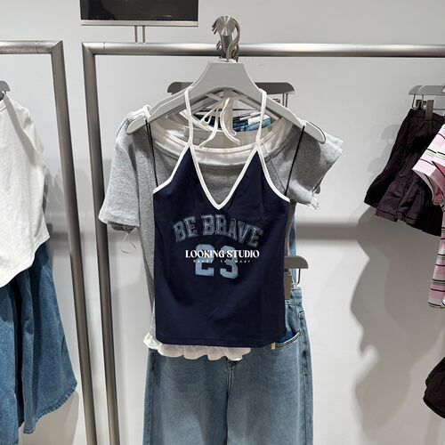 UR&DC2026夏季新款做旧印花撞色莱赛尔系绳挂脖背心女吊带上衣潮