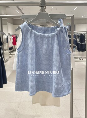 UR&DC2025夏季新款法式时尚撞色格纹压褶无袖罩衫衬衫女短款上衣