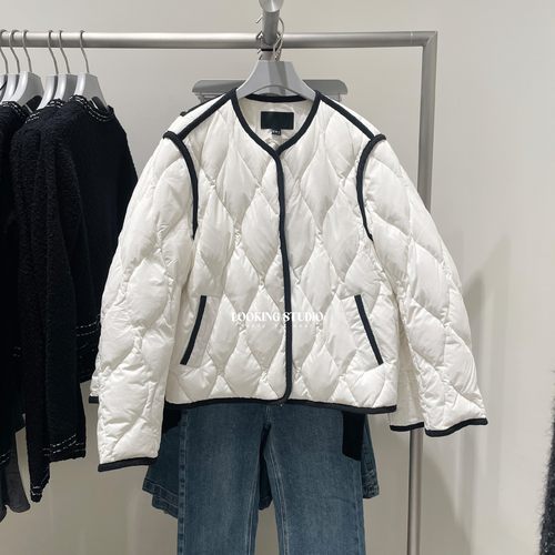 UR&DC2025冬季新款设计感魅力简约撞色边绗缝短款白色羽绒服女