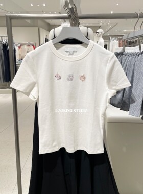 UR&DC2026夏季新款小个子都市精致萌宠印花圆领短袖T恤女短款上衣