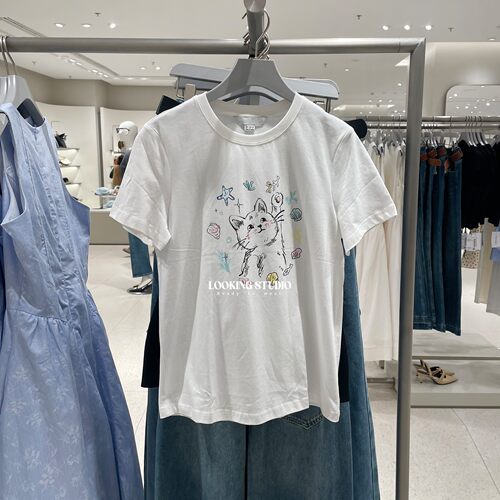 UR&DC2026春季新款甜美风休闲趣味手绘猫咪印花棉质圆领短袖T恤女