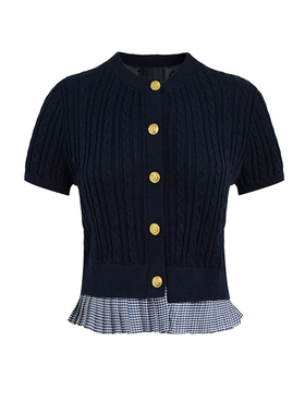 UR&DC2025夏季新款法式学院风拼接假两件肌理针织开衫女短款上衣