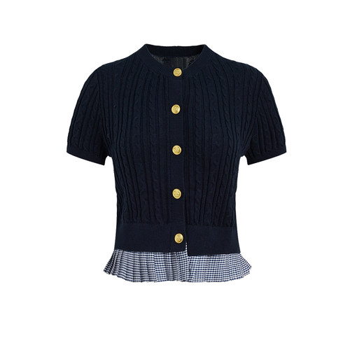 UR&DC2025夏季新款法式学院风拼接假两件肌理针织开衫女短款上衣