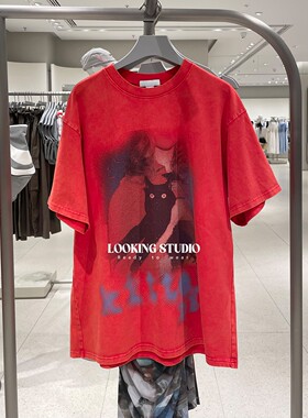 UR&DC2025夏季新款美式复古做旧撞色印花棉质大红色圆领短袖T恤女