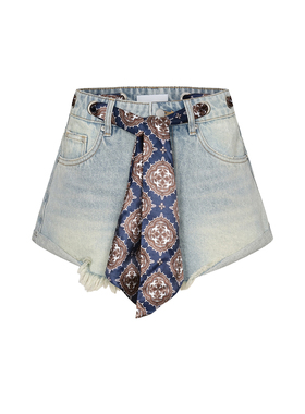 UR&DC2025夏季新款设计感休闲腰果花丝巾腰带装饰毛须牛仔短裤女