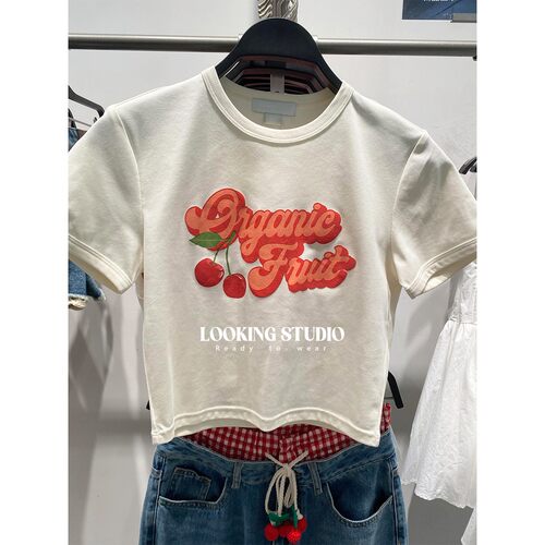 UR&DC2025夏季新款甜美趣味水果字母印花圆领短袖T恤女短款上衣
