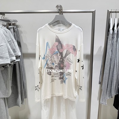 UR&DC2025秋季新款超宽松休闲童趣撞色卡通兔子字母印花长袖T恤女