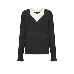 UR&DC2025秋冬新款时尚潮流撞色拼接假两件圆领长袖针织衫女上衣