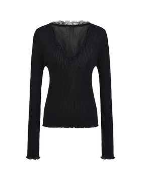 UR&DC2026春季新款轻熟风气质蕾丝V领薄款针织衫女黑色紧身打底衫